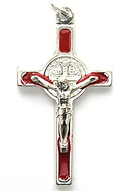 画像1: イタリア直輸入 聖ベネディクト十字架（銀・赤）