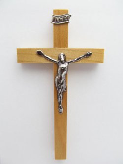 画像1: 小型 掛け十字架（木地色・像あり)※天然素材につき木目・節、色ムラなどあり