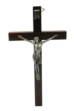 画像1: 中型 掛け十字架（濃茶色・金属像付き）※天然素材につき木目・節、色ムラなどあり