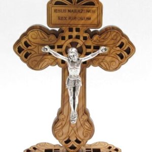 画像: オリーブ製台付十字架透かし彫り（像付）12.5cm　※返品不可商品