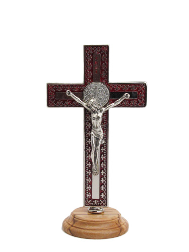 画像1: 台付十字架（聖ベネディクト・銀赤 13.5cm） ※返品不可商品 