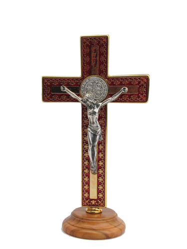 画像1: 台付十字架（聖ベネディクト・金赤 13.5cm） ※返品不可商品 