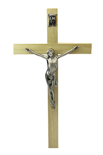 画像1: 中型 掛け十字架（木地色・金属像付き）※天然素材につき木目・節、色ムラなどあり